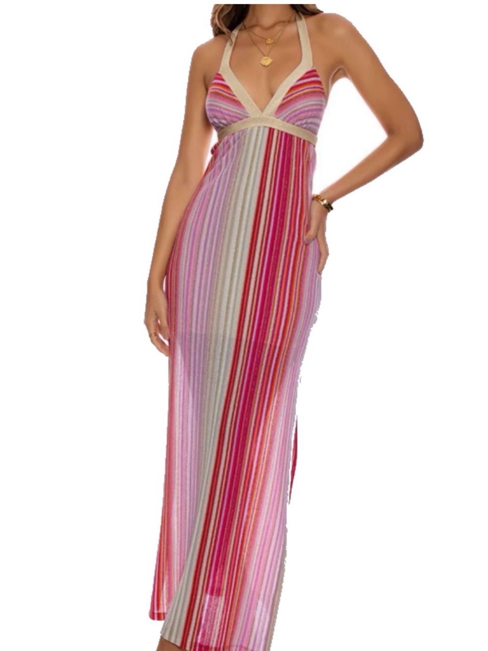 Luli Fama NWT Maxi Dress Multi-Pink (Gold Metallic Knit)